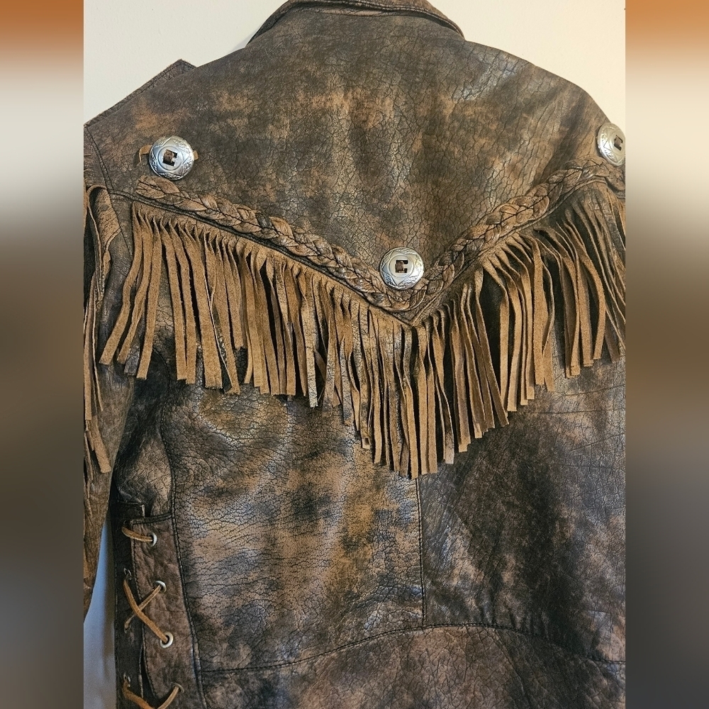Vintage Western Fringe Real Leather Jacket Brown Distressed Boho Biker Cowgirl - Picture 4 of 16
